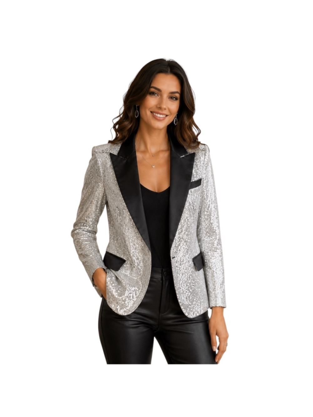 Silver Sequin Blazer Jacket XS Black Satin Lapel Evening Party Glam NWT